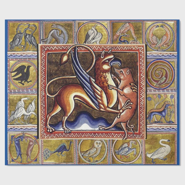 Papel De Regalo BESTIARIO MEDIEVAL EXTRAÑO, GRIFFIN, WILD BOAR, An (Superficie plana)