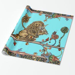 Papel De Regalo BESTIARIO MEDIEVAL HACIENDO azul de león violinist