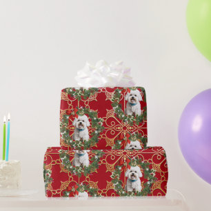 Papel De Regalo Bichon Frise de Navidad sobre fondo de copo de nie