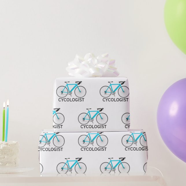 Papel De Regalo Bicicleta Aqua con texto de cicólogo sobre blanco (Regalos de fiesta)