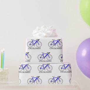 Papel De Regalo Bicicleta azul con texto cicologista sobre blanco