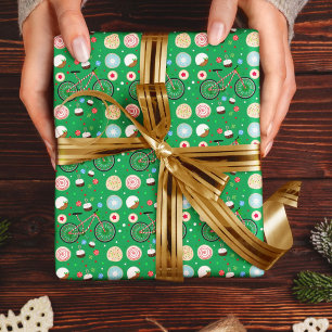 Papel De Regalo Bicicleta de Caramelo con Golosinas Navideñas Verd