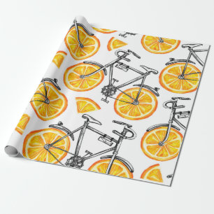 Papel De Regalo Bicicletas con ruedas naranjas. Mano de agua 