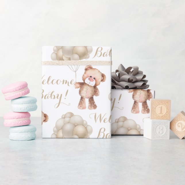 Papel De Regalo Bienvenida a oso de peluche marrón y globos (Baby Shower)