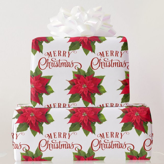 Papel De Regalo Big Bold Poinsettia Red Merry Christmas White (Subido por el creador)