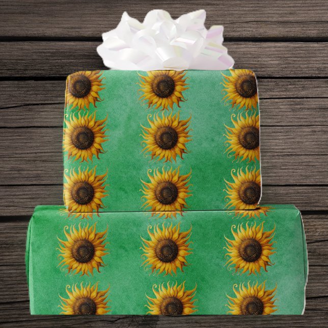 Papel De Regalo Big yellow Sunflowers Fancy Petals on Green (Big yellow brown sunflowers fancy petals on green roll of gift wrapping paper.)
