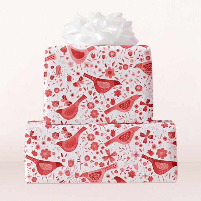 Papel De Regalo Bird Watercolor rojo Blanco (Pretty watercolor red and white bird and flower gift wrap)