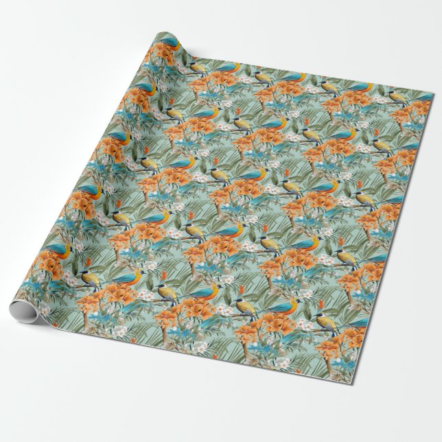Papel De Regalo Birds Chinoiserie Mint Naranja (Desenrollado)
