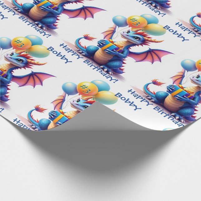 Papel De Regalo Birthday Dragon Add Name & Age (Esquina)