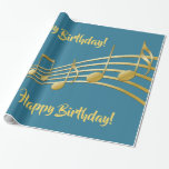 Papel De Regalo Birthday teal green gold music notes<br><div class="desc">Teal,  blue green background with faux gold music notes. With the text: Happy Birthday! (x2)</div>