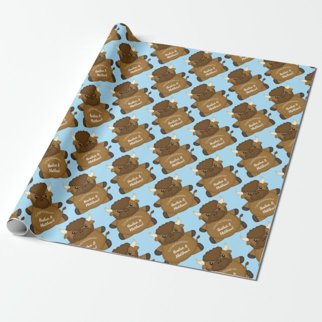 Papel De Regalo Bison Buffalo Baby Shower Blue (Desenrollado)