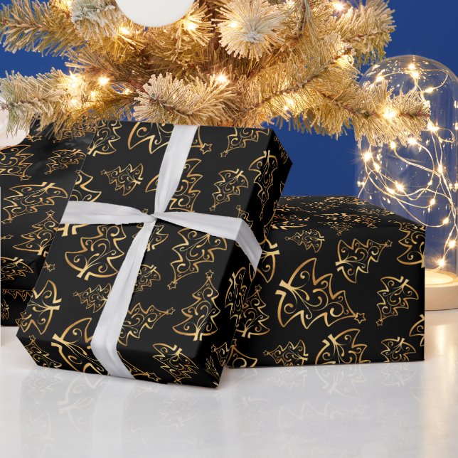 Papel De Regalo Black and Gold Elegant Christmas Trees (Vacaciones)