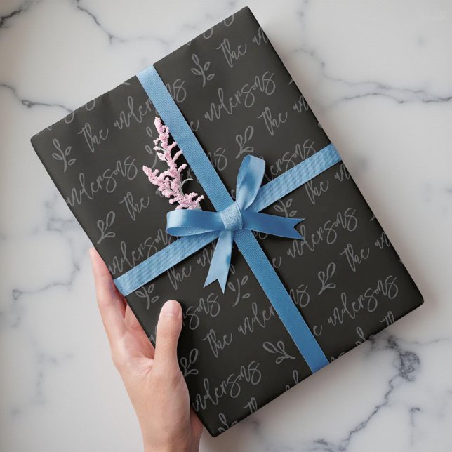 Papel De Regalo Black and Gray Foliage Your Family Name Christmas (Subido por el creador)