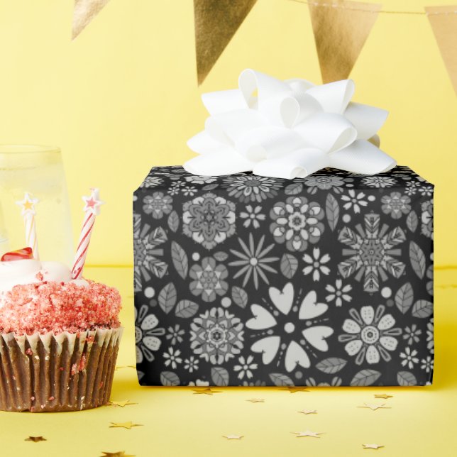 Papel De Regalo Black And Gray Retro Floral Art Seamless Pattern (Fiesta de cumpleaños )