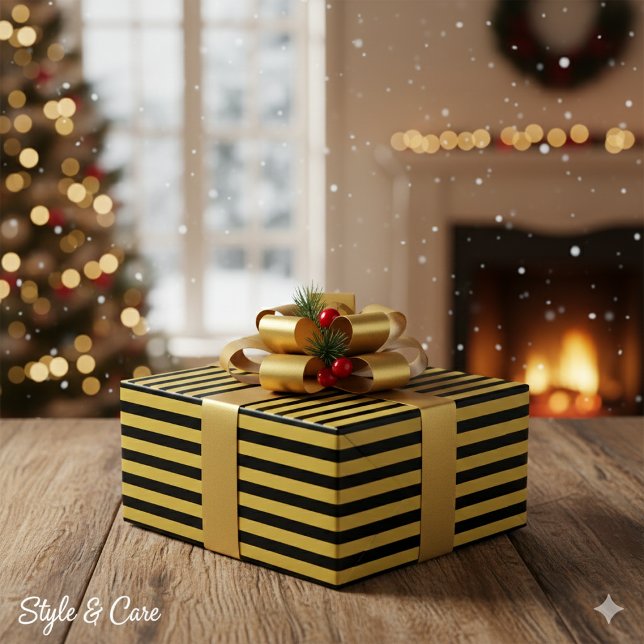 Papel De Regalo Black And Metallic Gold Stripe Pattern Premium (Black And Metallic Gold Stripe Pattern Premium Wrapping Paper)