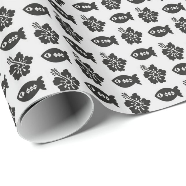 Papel De Regalo Black and White Tiki Fish and Flower Pattern (Esquina del rollo)