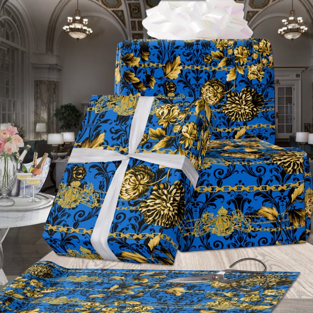 Papel De Regalo Black Blue Gold Floral Acanthus Leaf Chains Luxury (Subido por el creador)