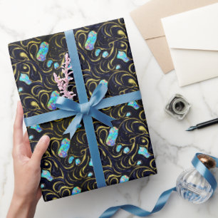 Papel De Regalo Black & Blue Modern Faux Gold & Opal
