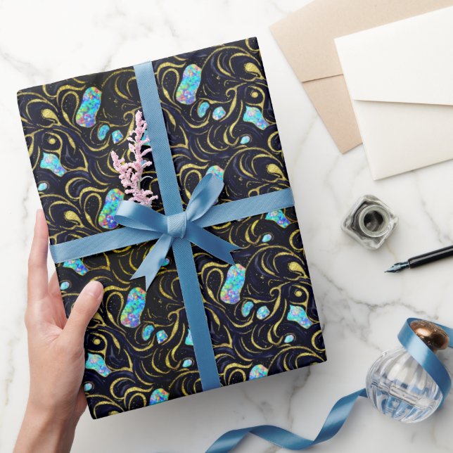 Papel De Regalo Black & Blue Modern Faux Gold & Opal (Regalar)