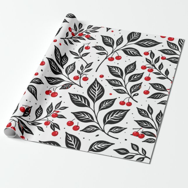 Papel De Regalo Black Botanical Cherries Seamless Pattern (Desenrollado)