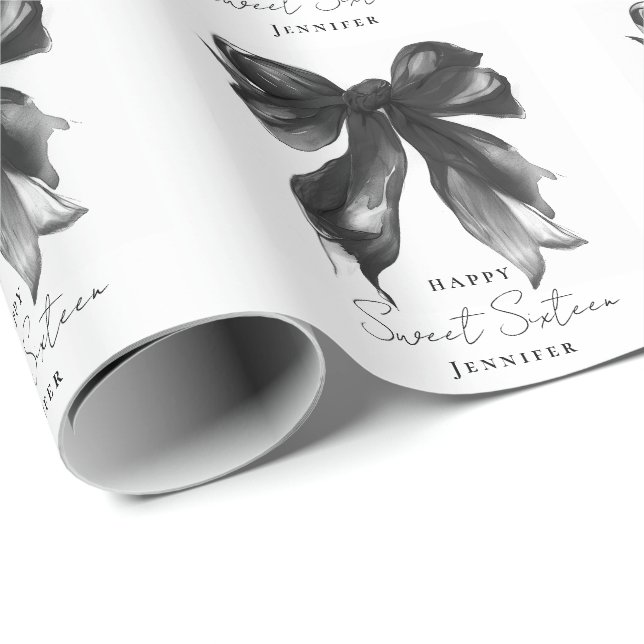 Papel De Regalo Black Bow Coquette Script Sweet 16 Party (Esquina del rollo)