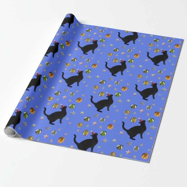 Papel De Regalo Black Cat Gold Stars Blue Wrapee Paper (Desenrollado)