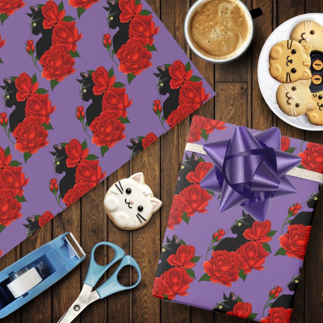 Papel De Regalo Black Cat Roses Red Roses Purple (Subido por el creador)