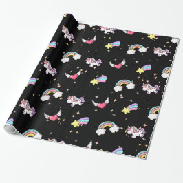Papel De Regalo Black Cute Rainbow Unicorn Star Magical