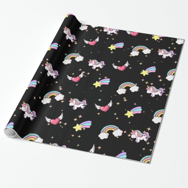 Papel De Regalo Black Cute Rainbow Unicorn Star Magical (Desenrollado)