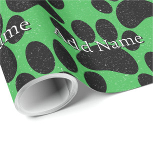 Papel De Regalo Black Dog Paw Imprimir nombre personalizado Verde 