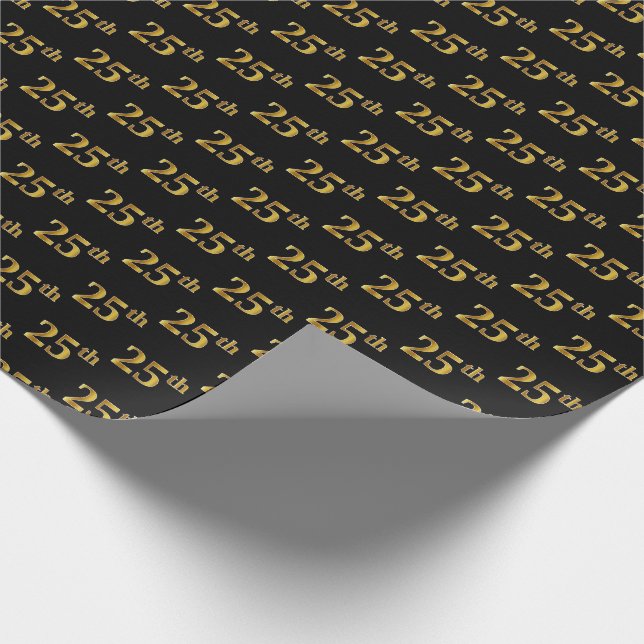 Papel De Regalo Black, Faux Gold 25th (Vigésimo Quinto) Event (Esquina)