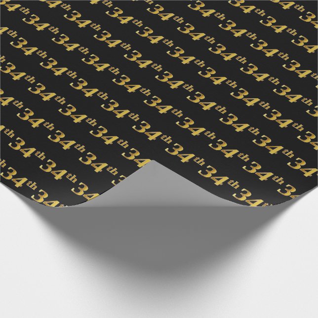 Papel De Regalo Black, Faux Gold 34th (34to) Event (Esquina)