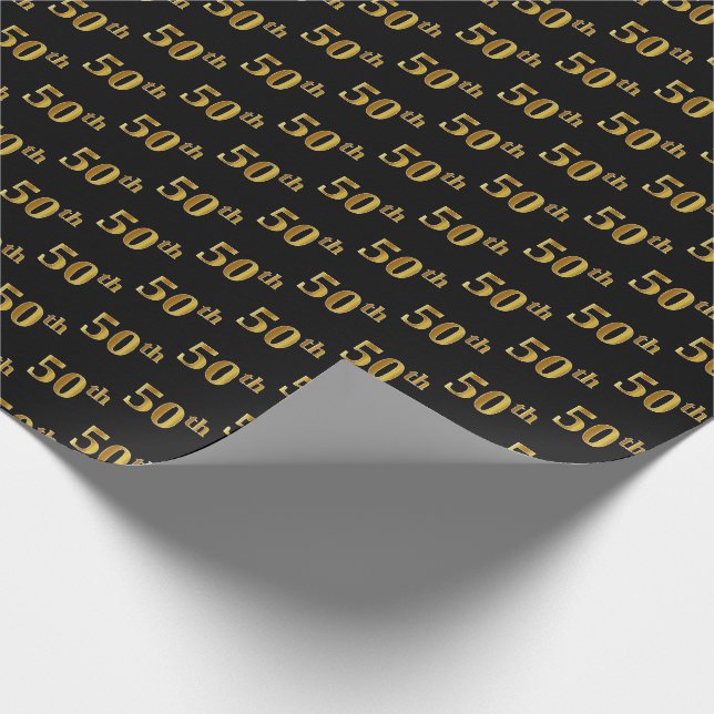Papel De Regalo Black, Faux Gold 50th (50º) Event (Esquina)