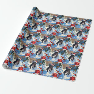 Papel De Regalo Black French Bulldog Escena Navideña Festiva de Ni
