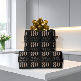 Papel De Regalo Black & Gold Elegant Glitter 80th Birthday