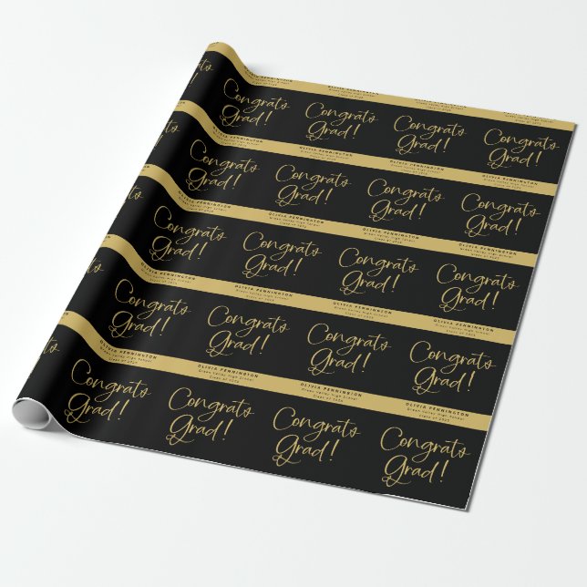 Papel De Regalo Black Gold Personalizado Nombre Congrats Grad (Desenrollado)