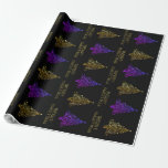 Papel De Regalo Black Gold Purple Elegant Christmas Tree Pattern<br><div class="desc">Negro Oro Púrpura Elegante Moda Estrellas de árbol de Navidad Patrón Temporal "Feliz Navidad" Tipografía Glossy Regalo Papel de envolver</div>