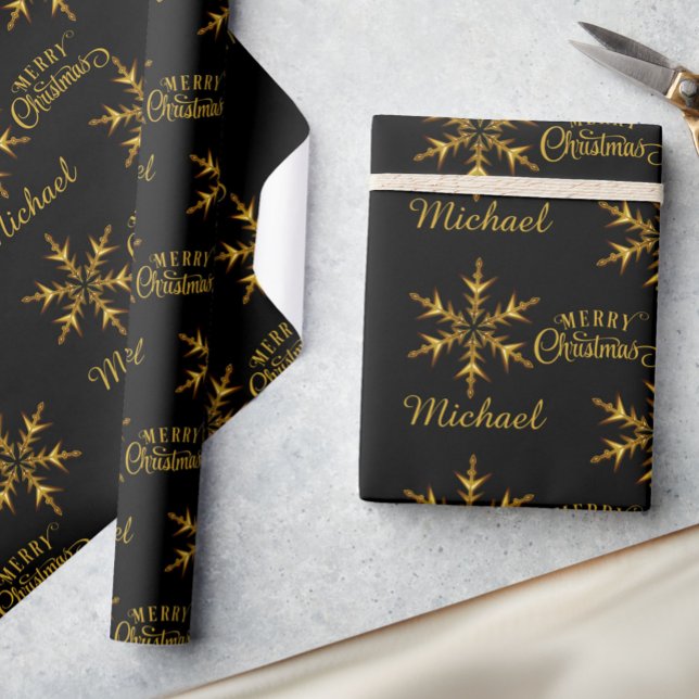 Papel De Regalo Black Gold Snowflake Añadir nombre Feliz Navidad (Subido por el creador)