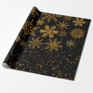 Papel De Regalo Black & Gold Snowflakes Stars Feliz Navidad