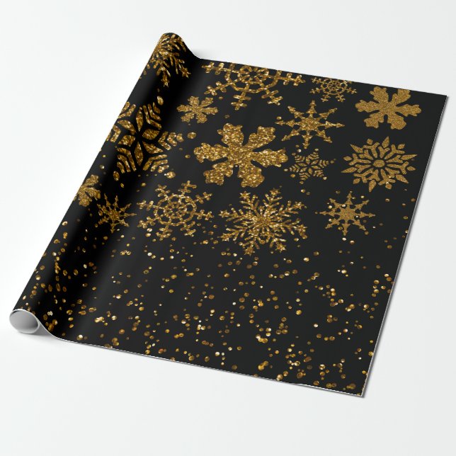 Papel De Regalo Black & Gold Snowflakes Stars Feliz Navidad (Desenrollado)
