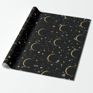 Papel De Regalo Black Gold Stars Moon Magic Birday Party