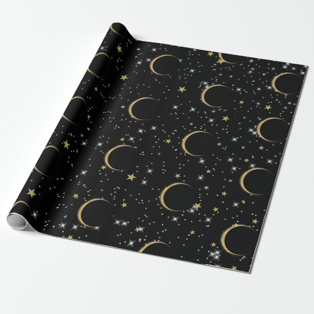 Papel De Regalo Black Gold Stars Moon Magic Birday Party (Desenrollado)