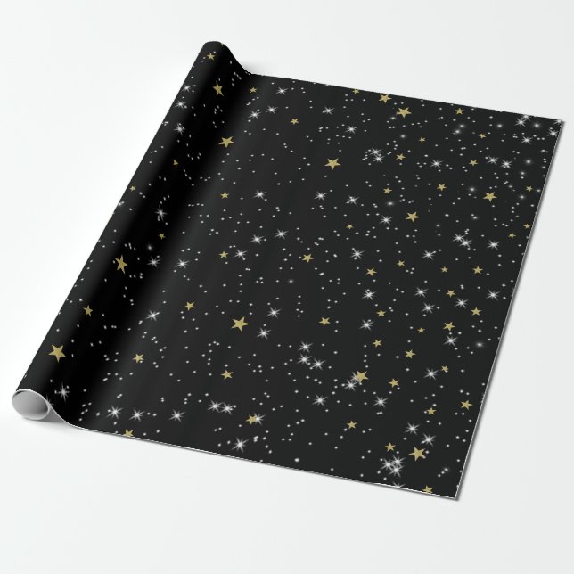 Papel De Regalo Black Gold Stars Sky Sparkle Birday Party (Desenrollado)