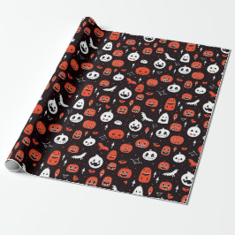 Papel De Regalo Black Halloween Pattern with pumpkins and ghosts