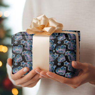 Papel De Regalo Black Light Neon Glow Xmas Hearts and Stars