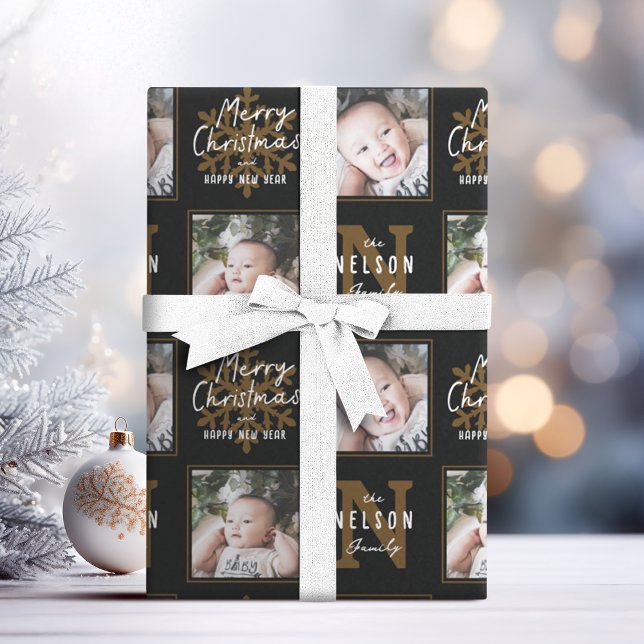 Papel De Regalo Black Merry Christmas Calligraphy Family 2 photo (Black Merry Christmas Calligraphy Family 2 photo Wrapping Paper)