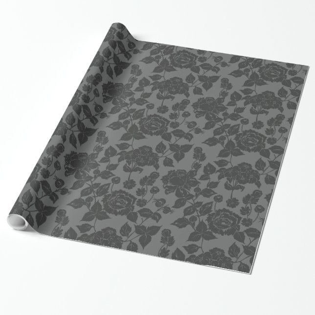 Papel De Regalo Black on Black Rosa Damask Floral (Desenrollado)