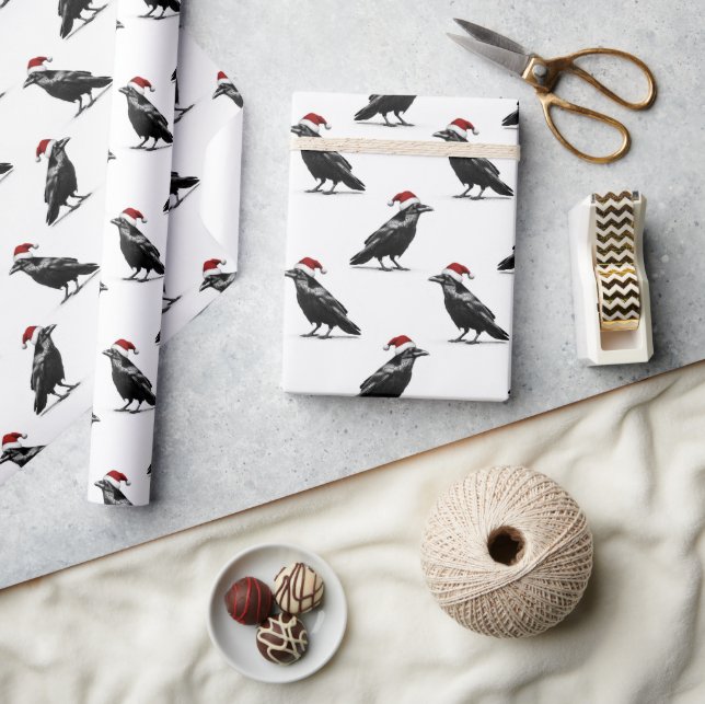 Papel De Regalo Black raven crow with red santa hat pattern (Artesanía)