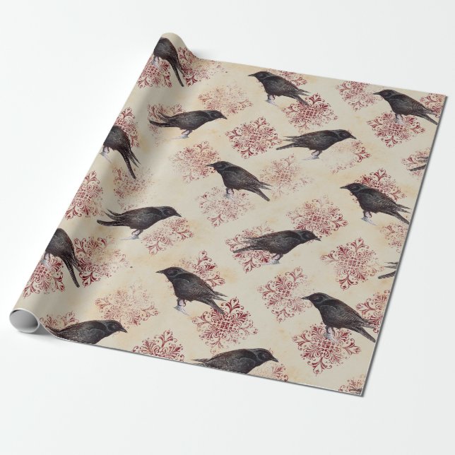 Papel De Regalo Black Raven y Burgundy Damask (Desenrollado)