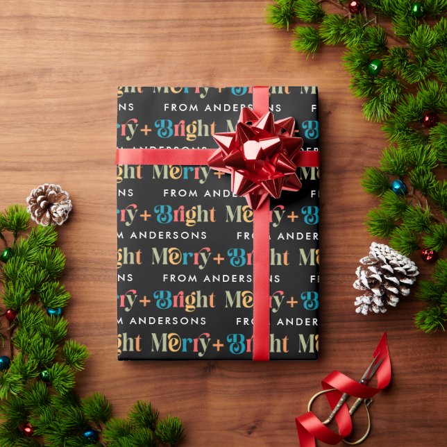 Papel De Regalo Black Retro Colorful Merry and Bright Name Navidad (Regalo de vacaciones)